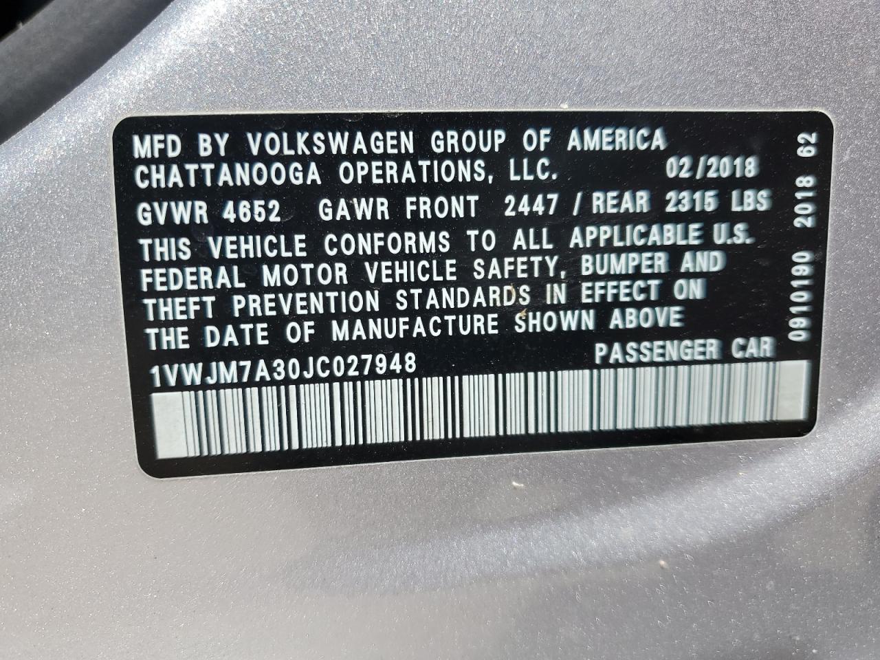 2018 Volkswagen Passat Gt VIN: 1VWJM7A30JC027948 Lot: 52077045