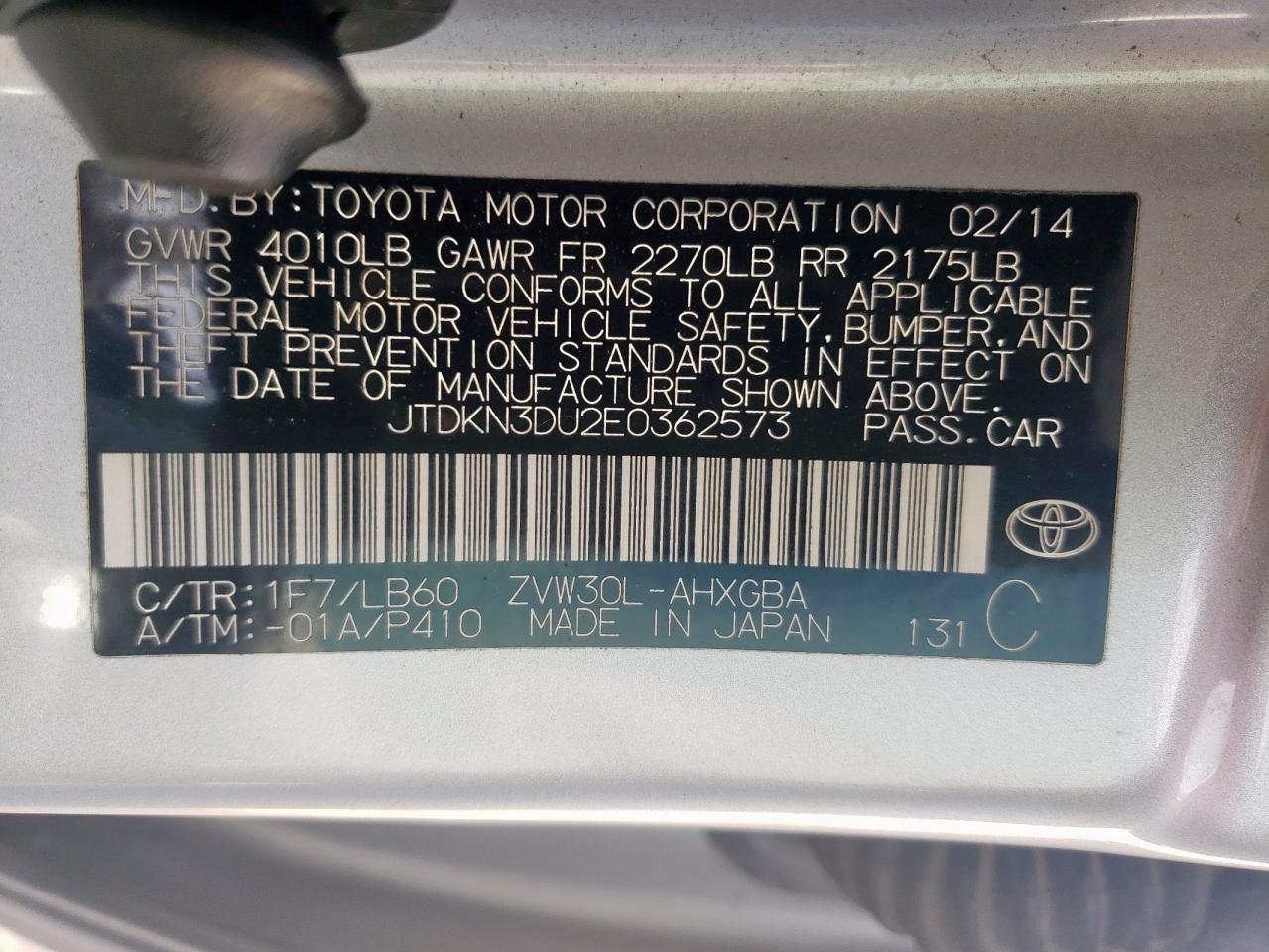 2014 Toyota Prius VIN: JTDKN3DU2E0362573 Lot: 54514705