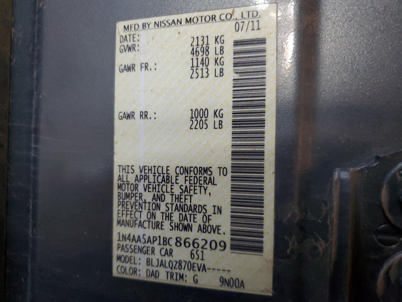 2011 Nissan Maxima S VIN: 1N4AA5AP1BC866209 Lot: 51547005