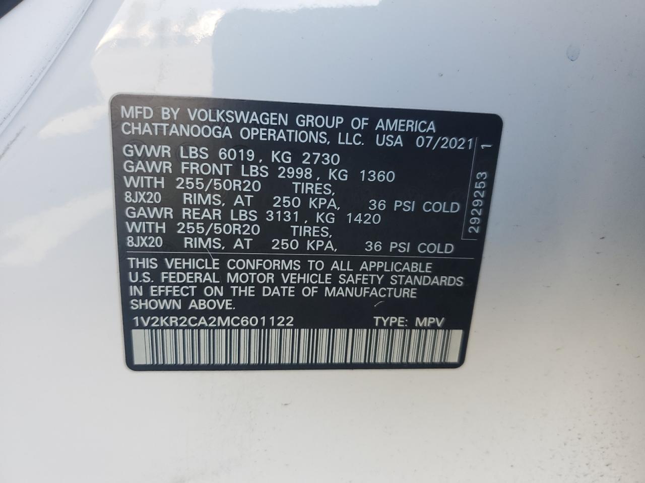 2021 Volkswagen Atlas Se VIN: 1V2KR2CA2MC601122 Lot: 54605665
