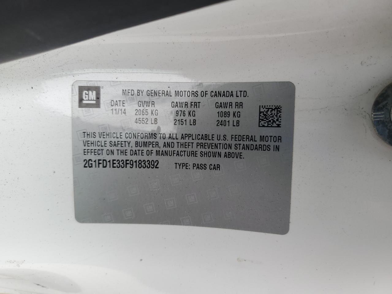 2015 Chevrolet Camaro Lt VIN: 2G1FD1E33F9183392 Lot: 53484635