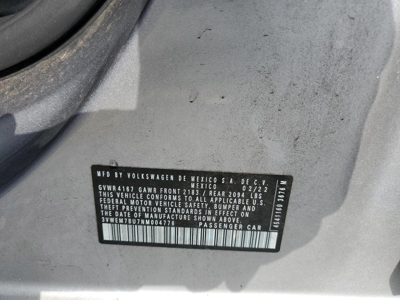 2022 Volkswagen Jetta Se VIN: 3VWEM7BU7NM004776 Lot: 54968125