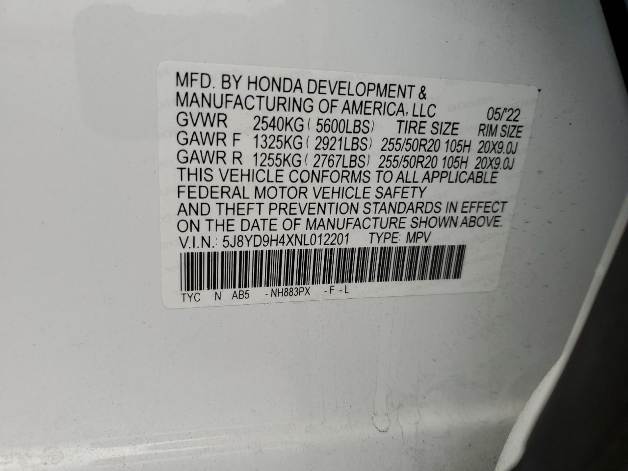 2022 Acura Mdx Technology VIN: 5J8YD9H4XNL012201 Lot: 53184445