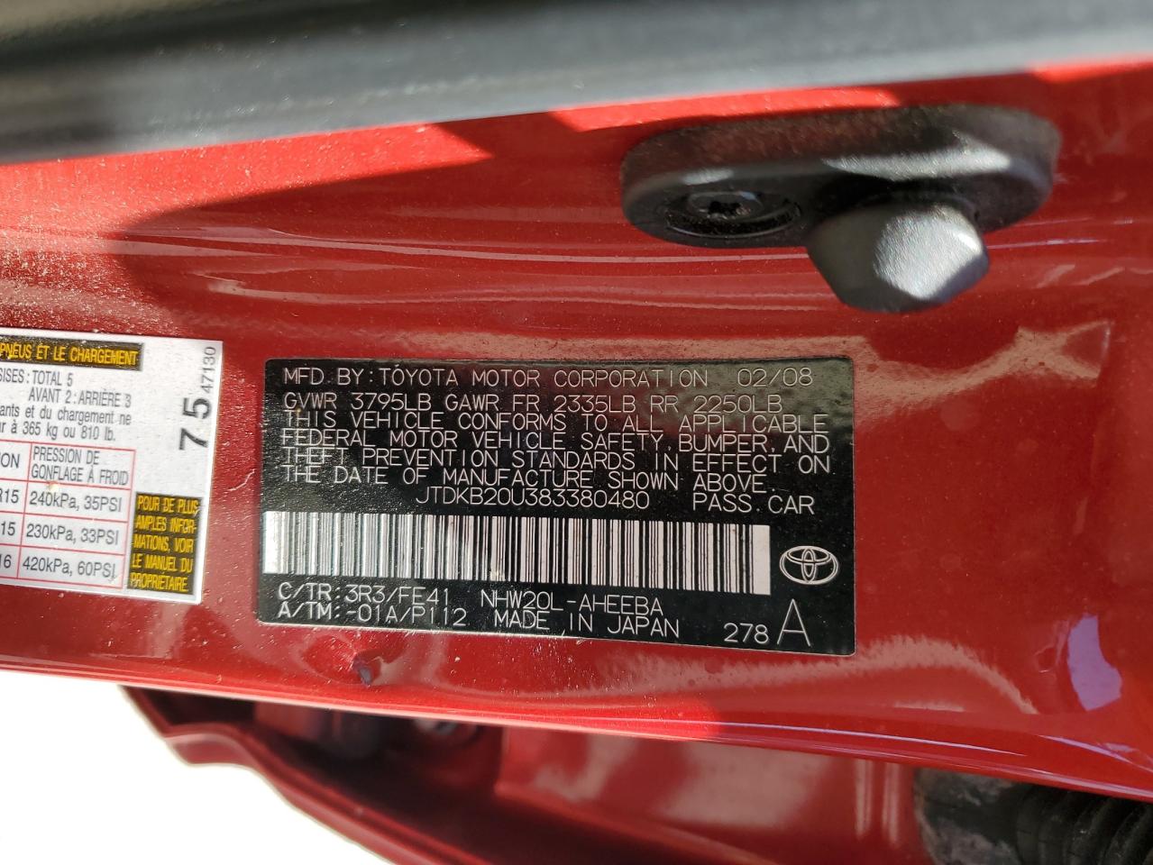 2008 Toyota Prius VIN: JTDKB20U383380480 Lot: 54205285