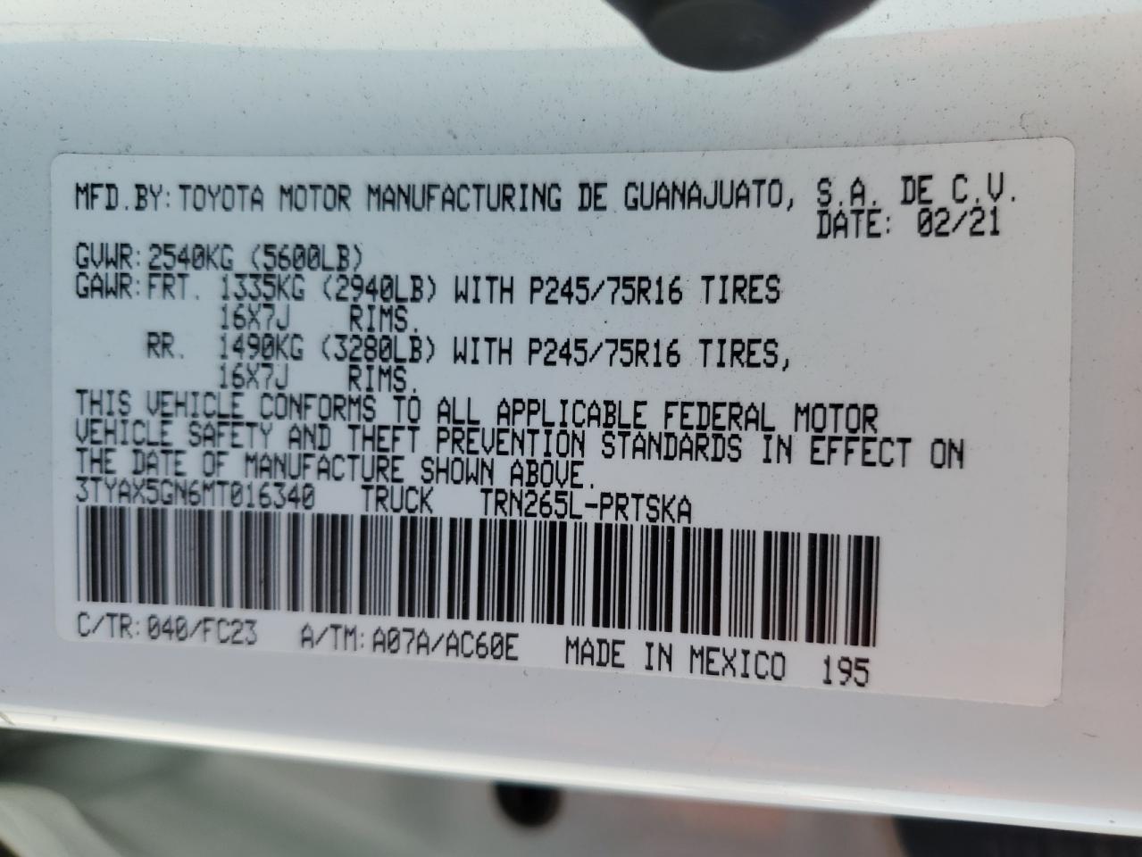 2021 Toyota Tacoma Double Cab VIN: 3TYAX5GN6MT016340 Lot: 51581965
