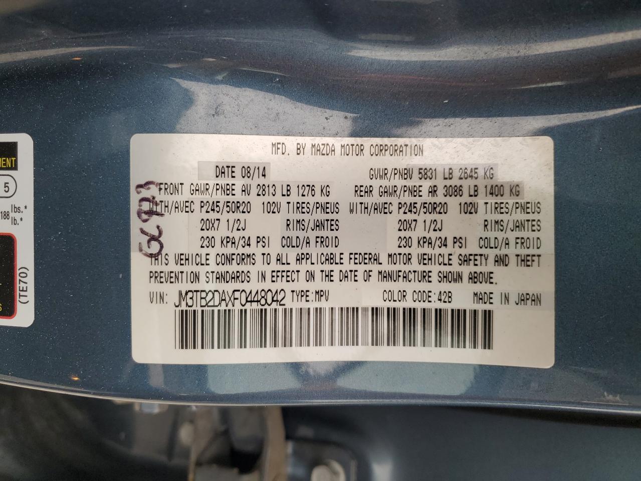 2015 Mazda Cx-9 Grand Touring VIN: JM3TB2DAXF0448042 Lot: 53620085