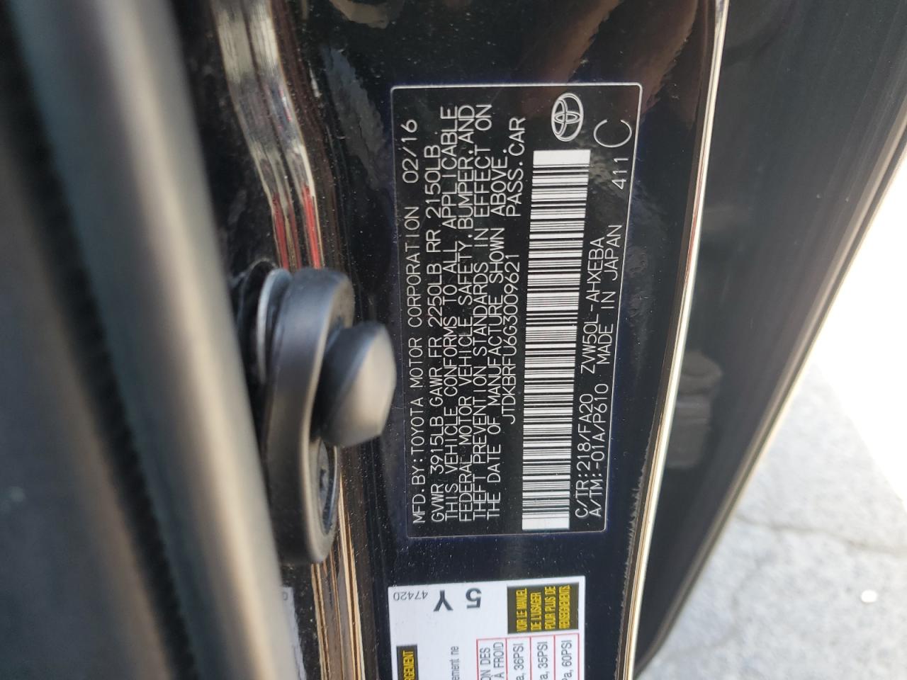 2016 Toyota Prius VIN: JTDKBRFU6G3009621 Lot: 54417795