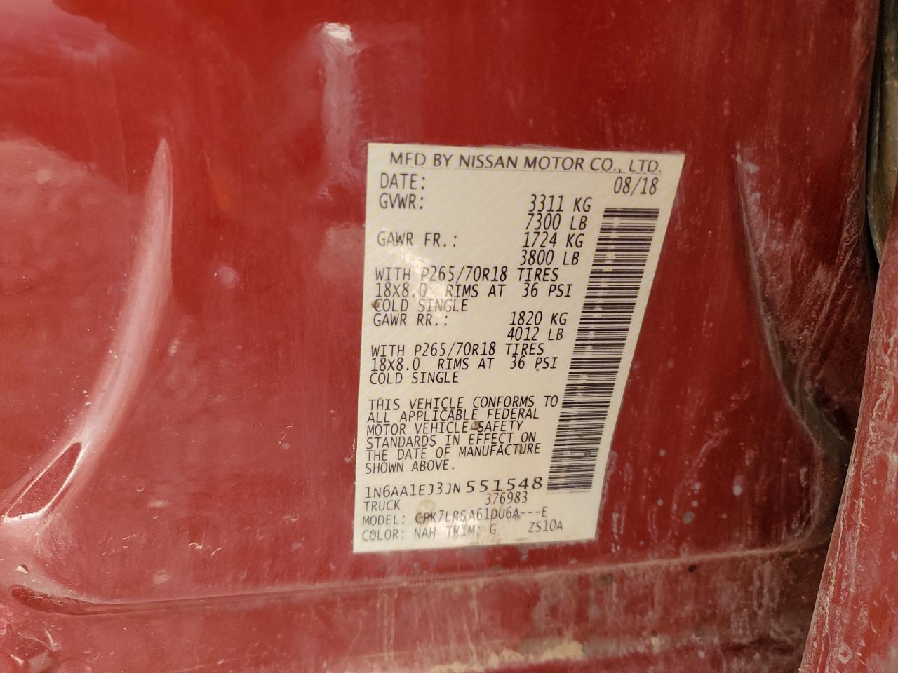2018 Nissan Titan S VIN: 1N6AA1EJ3JN551548 Lot: 54542195