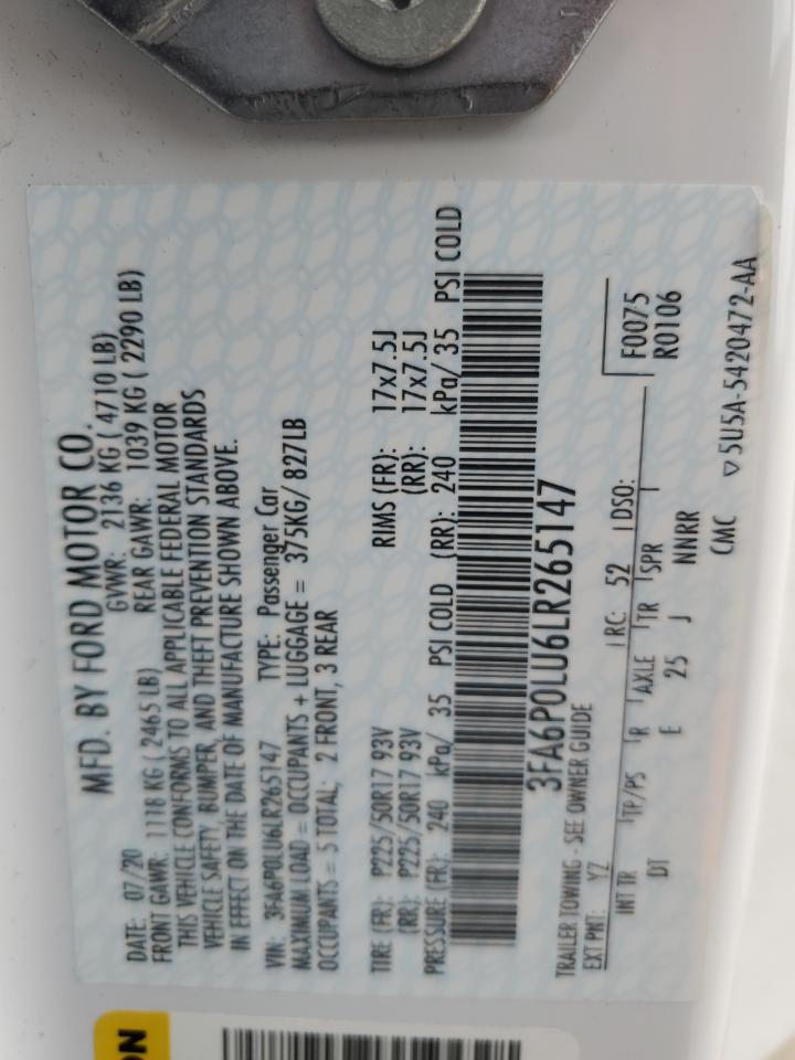 2020 Ford Fusion Se VIN: 3FA6P0LU6LR265147 Lot: 54032415