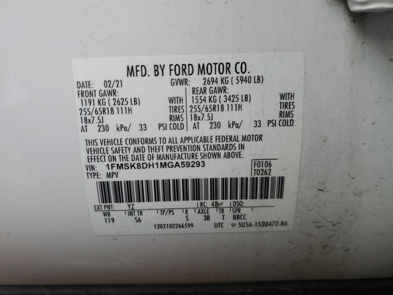2021 Ford Explorer Xlt VIN: 1FMSK8DH1MGA59293 Lot: 54850615