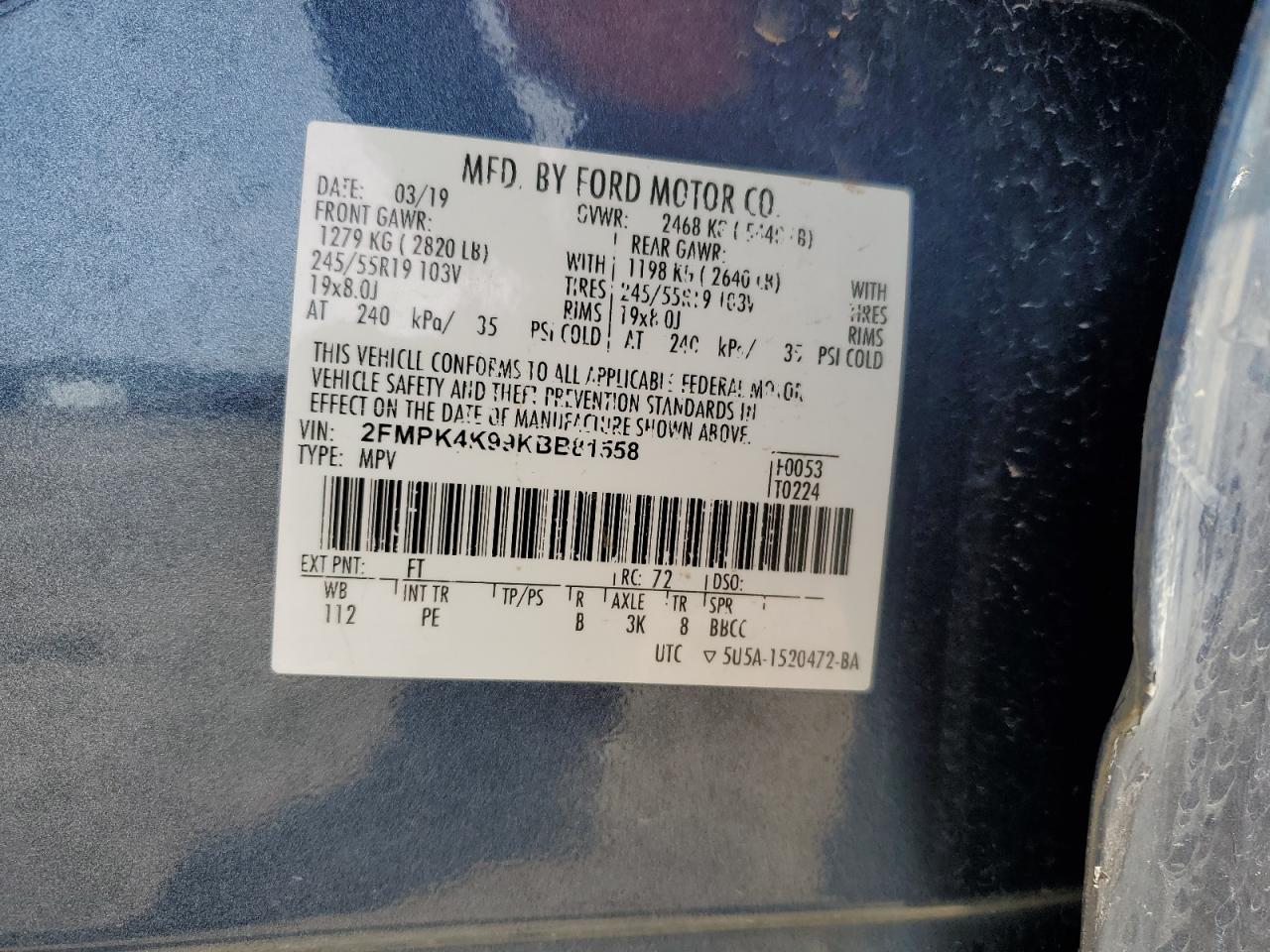 2019 Ford Edge Titanium VIN: 2FMPK4K99KBB81558 Lot: 54290095