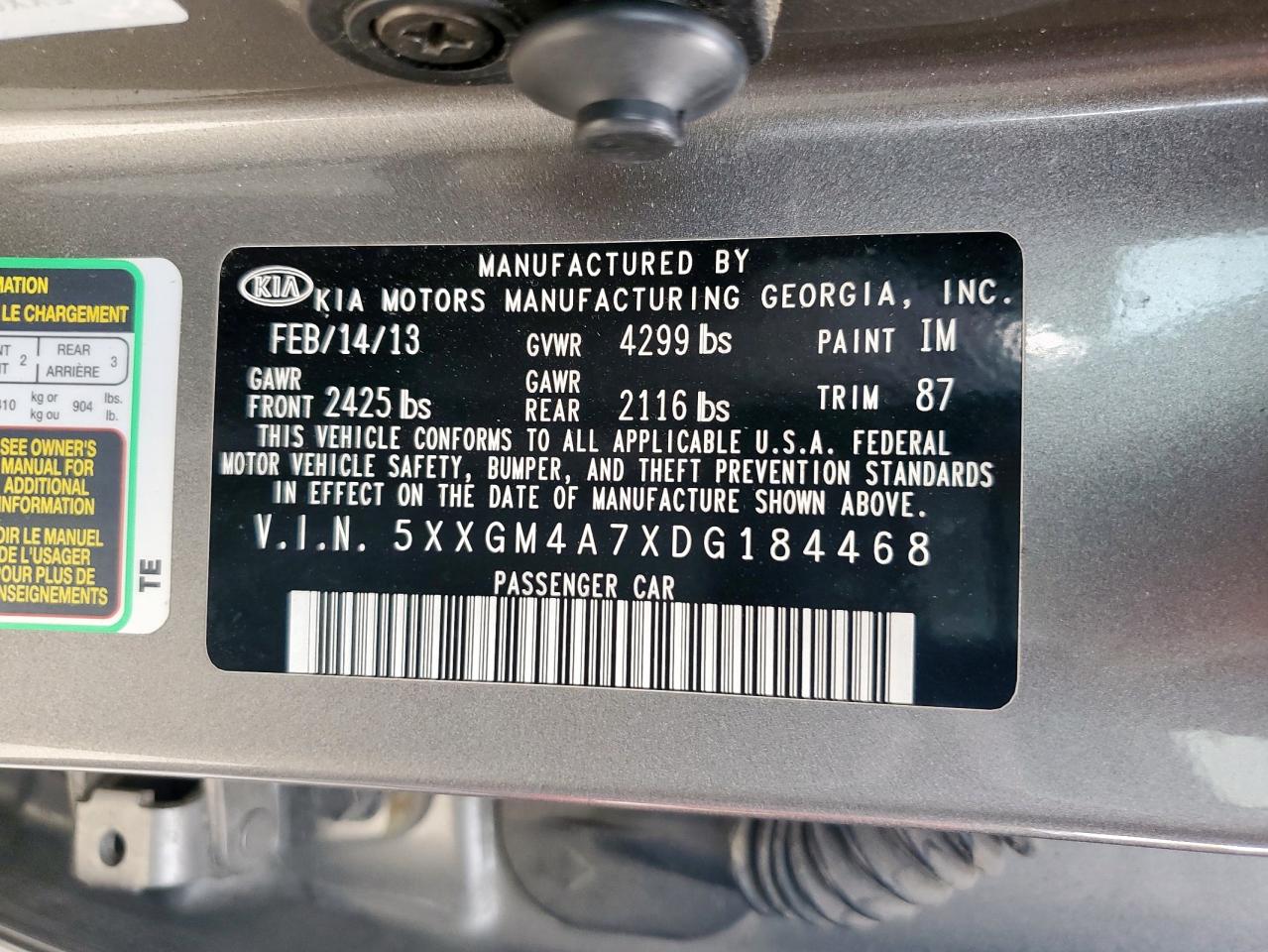 2013 Kia Optima Lx VIN: 5XXGM4A7XDG184468 Lot: 52889595