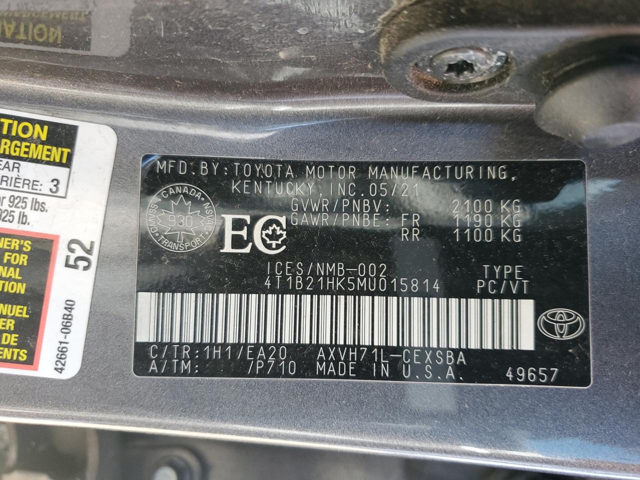 2021 Toyota Camry Xle VIN: 4T1B21HK5MU015814 Lot: 54972125