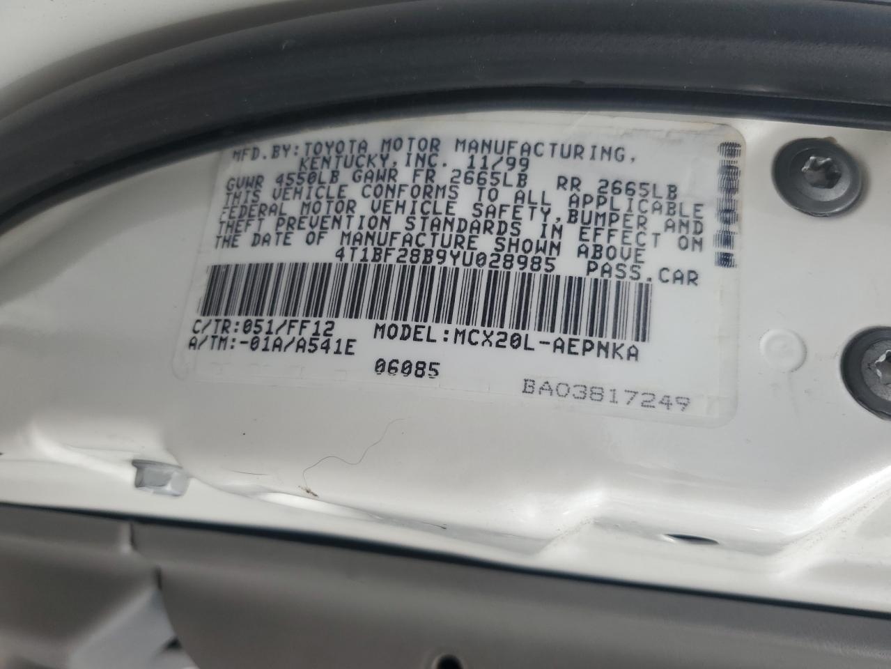 2000 Toyota Avalon Xl VIN: 4T1BF28B9YU028985 Lot: 55317625