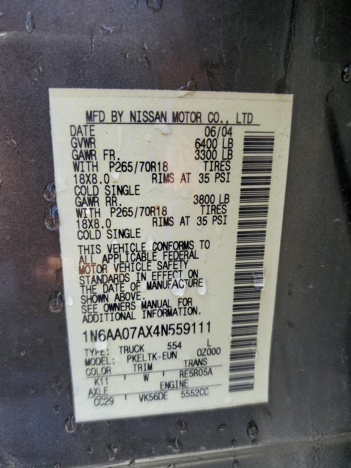 2004 Nissan Titan Xe VIN: 1N6AA07AX4N559111 Lot: 52168395