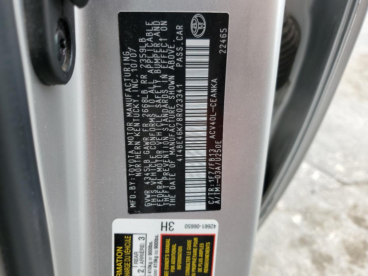 2008 Toyota Camry Ce VIN: 4T4BE46K78R023341 Lot: 53165595