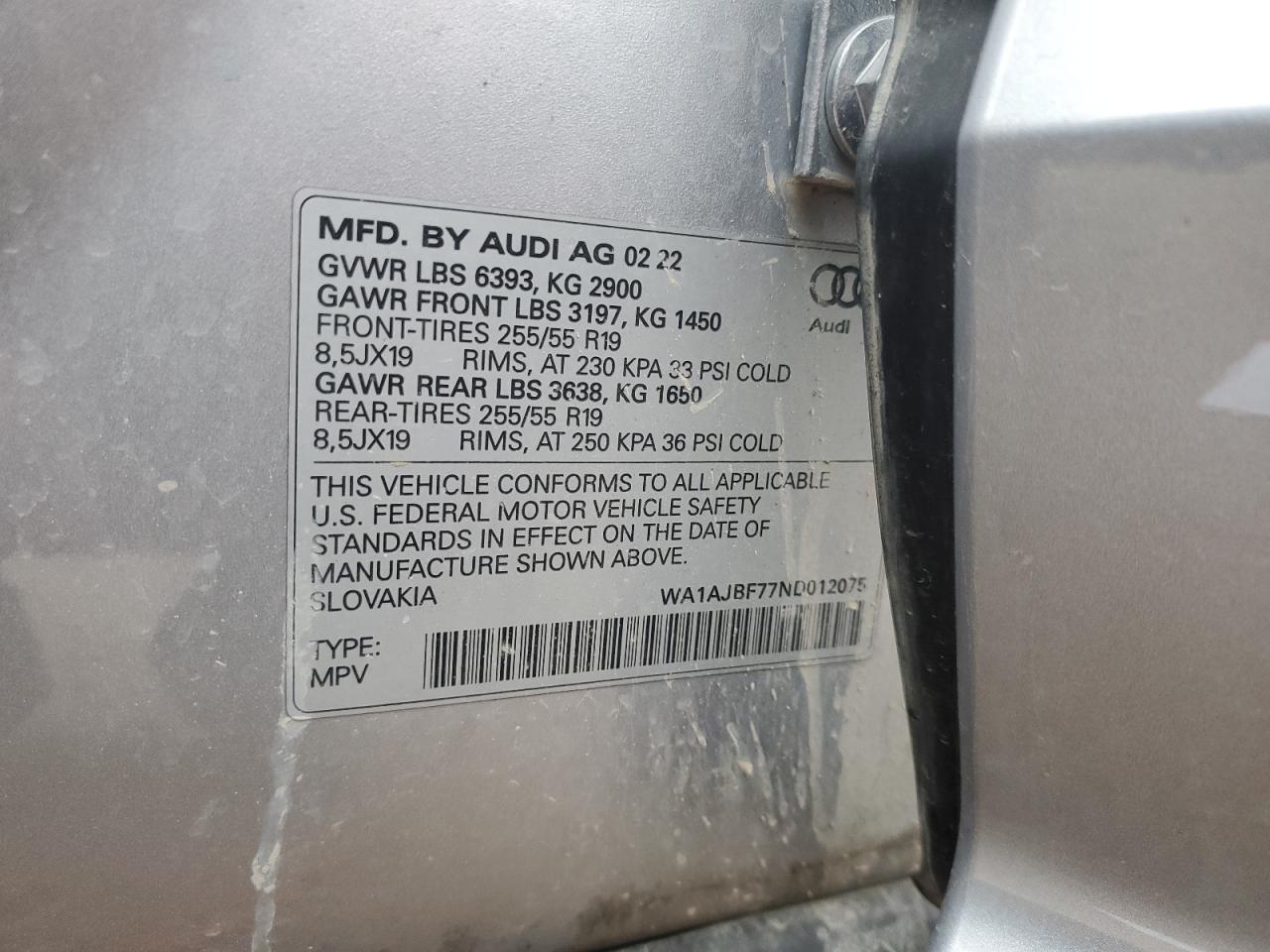 2022 Audi Q7 Premium VIN: WA1AJBF77ND012075 Lot: 54492975