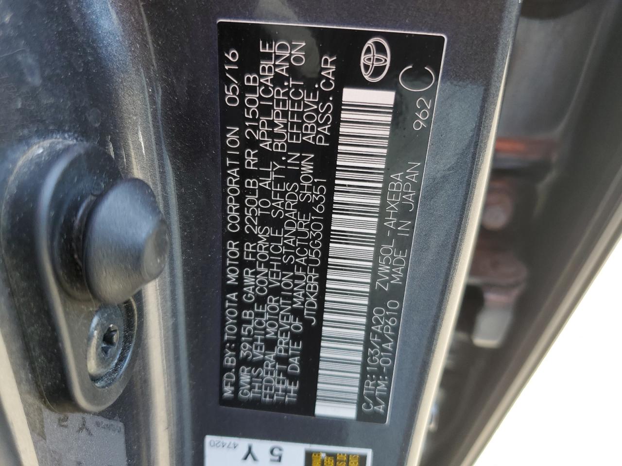 2016 Toyota Prius VIN: JTDKBRFU5G3016351 Lot: 54379775