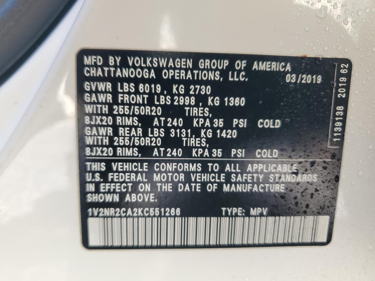2019 Volkswagen Atlas Sel Premium VIN: 1V2NR2CA2KC551266 Lot: 53050755