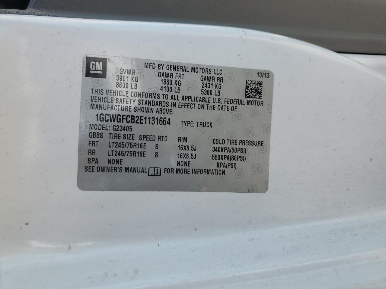 2014 Chevrolet Express G2500 VIN: 1GCWGFCB2E1131664 Lot: 52378595