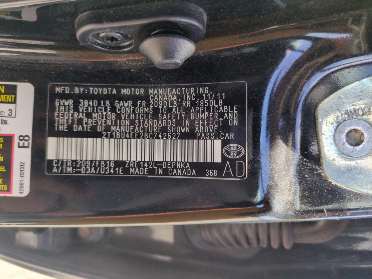 2011 Toyota Corolla Base VIN: 2T1BU4EE2BC742627 Lot: 54763875