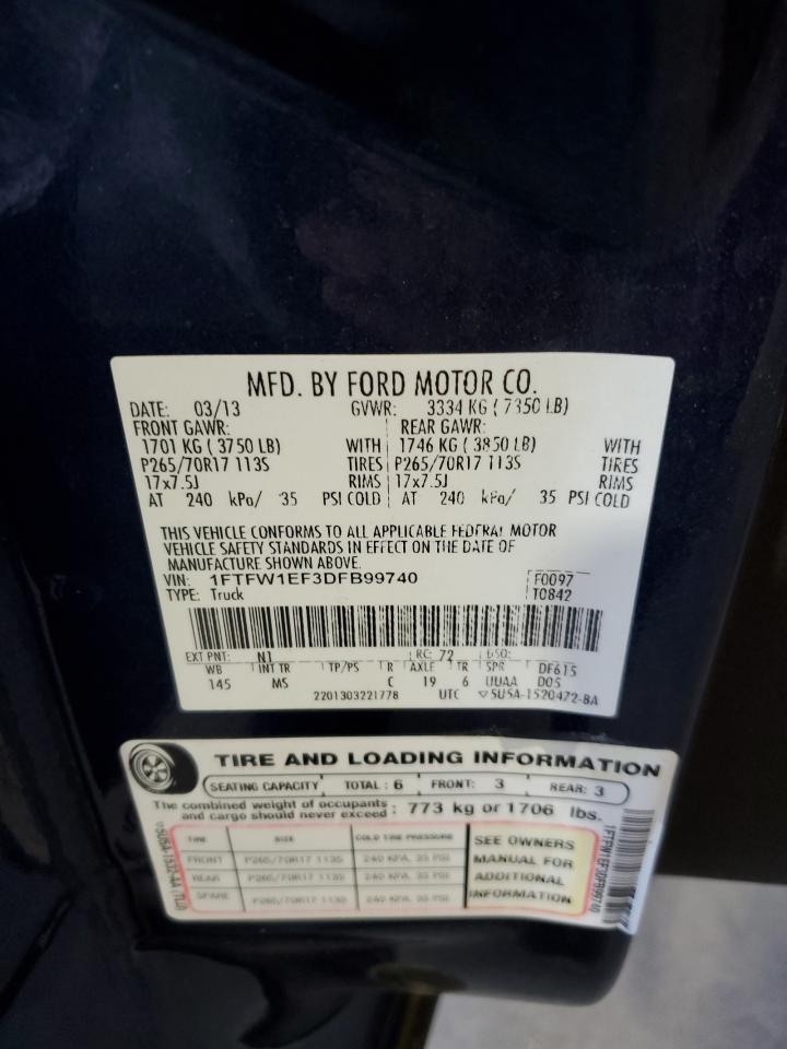 2013 Ford F150 Supercrew VIN: 1FTFW1EF3DFB99740 Lot: 55429605