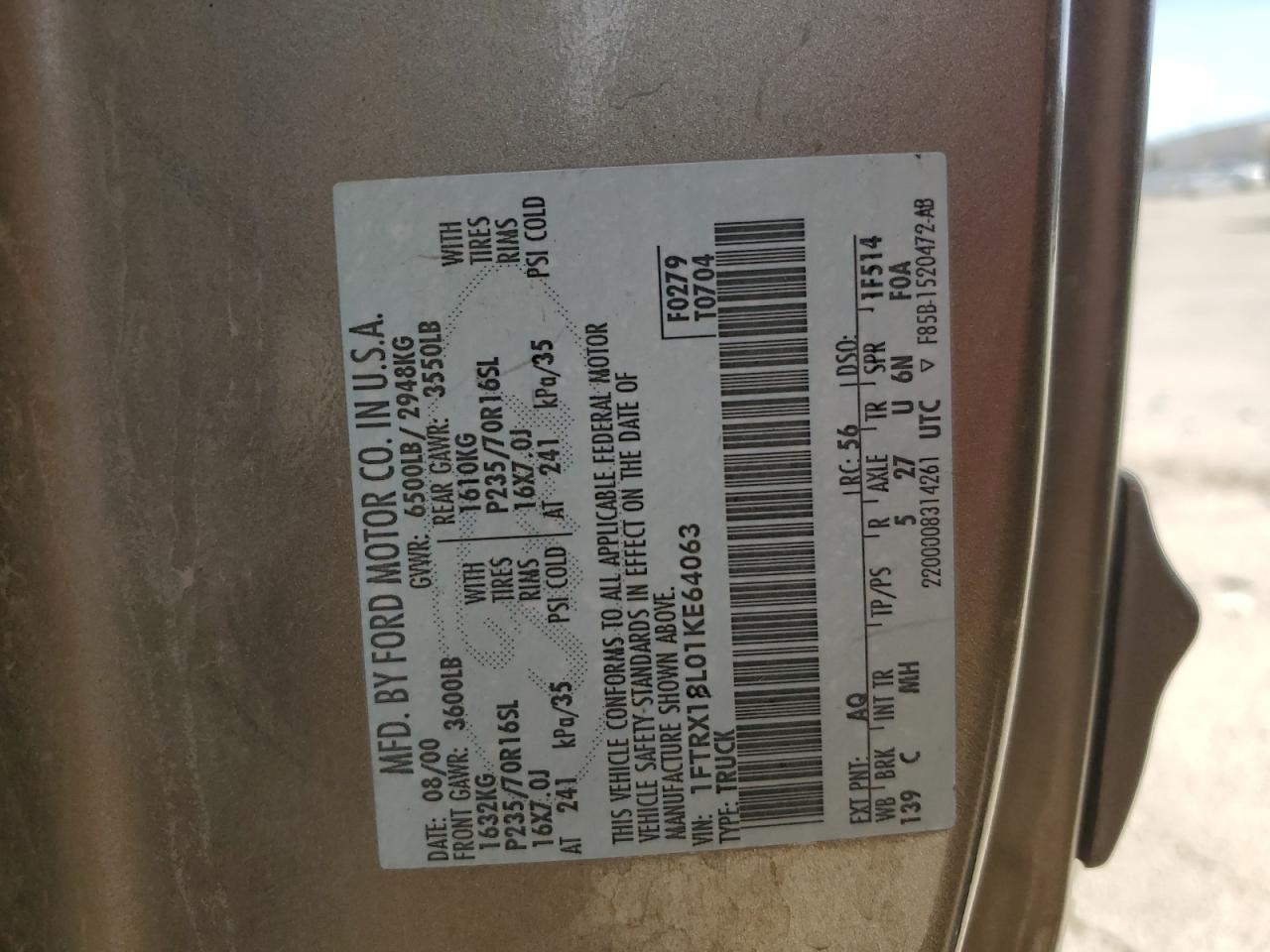 2001 Ford F150 VIN: 1FTRX18L01KE64063 Lot: 51500775