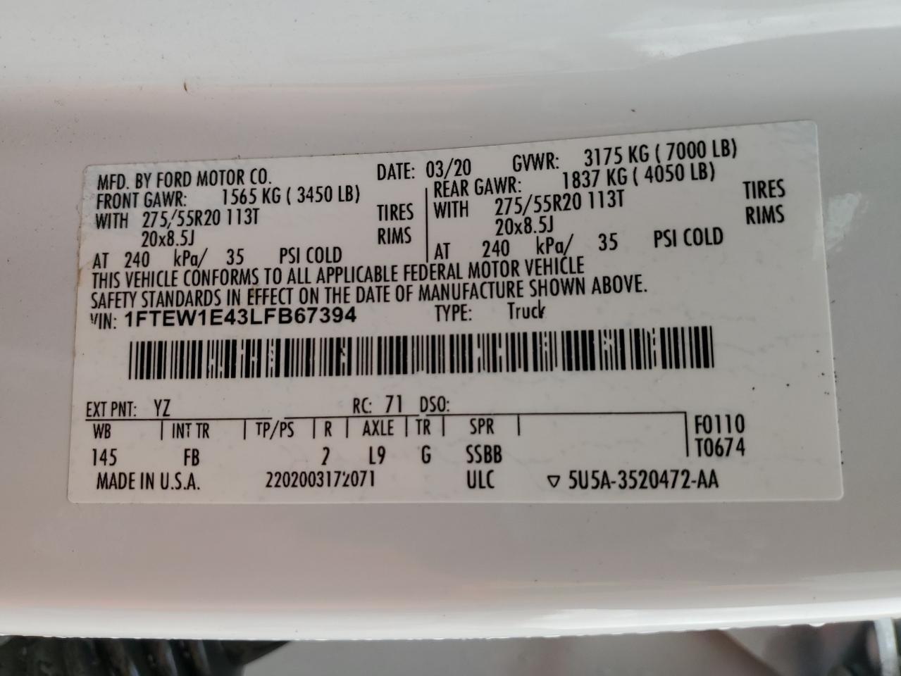 2020 Ford F150 Supercrew VIN: 1FTEW1E43LFB67394 Lot: 52862475