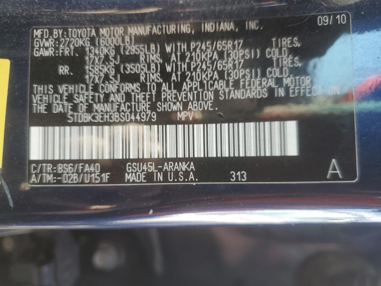 2011 Toyota Highlander Base VIN: 5TDBK3EH3BS044979 Lot: 53243315