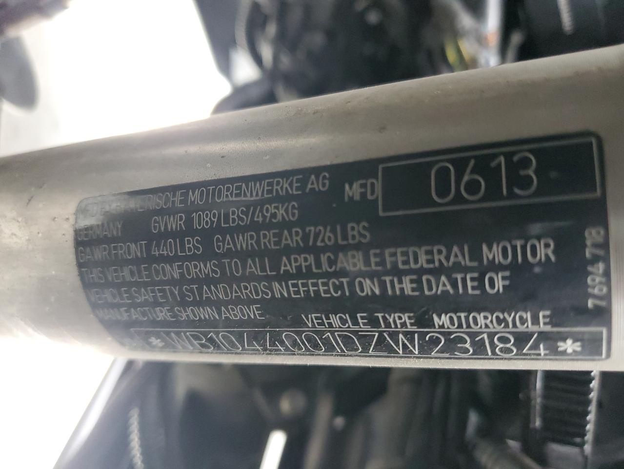 2013 BMW R1200 Rt VIN: WB1044001DZW23184 Lot: 54057065