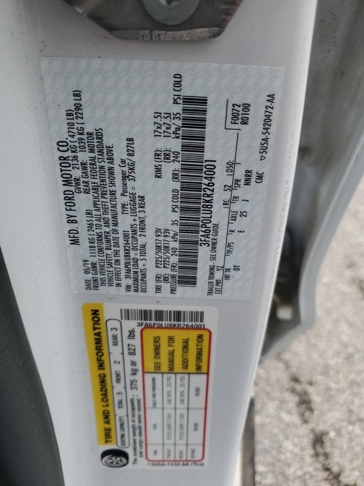 2019 Ford Fusion Se VIN: 3FA6P0LU8KR264001 Lot: 54024155