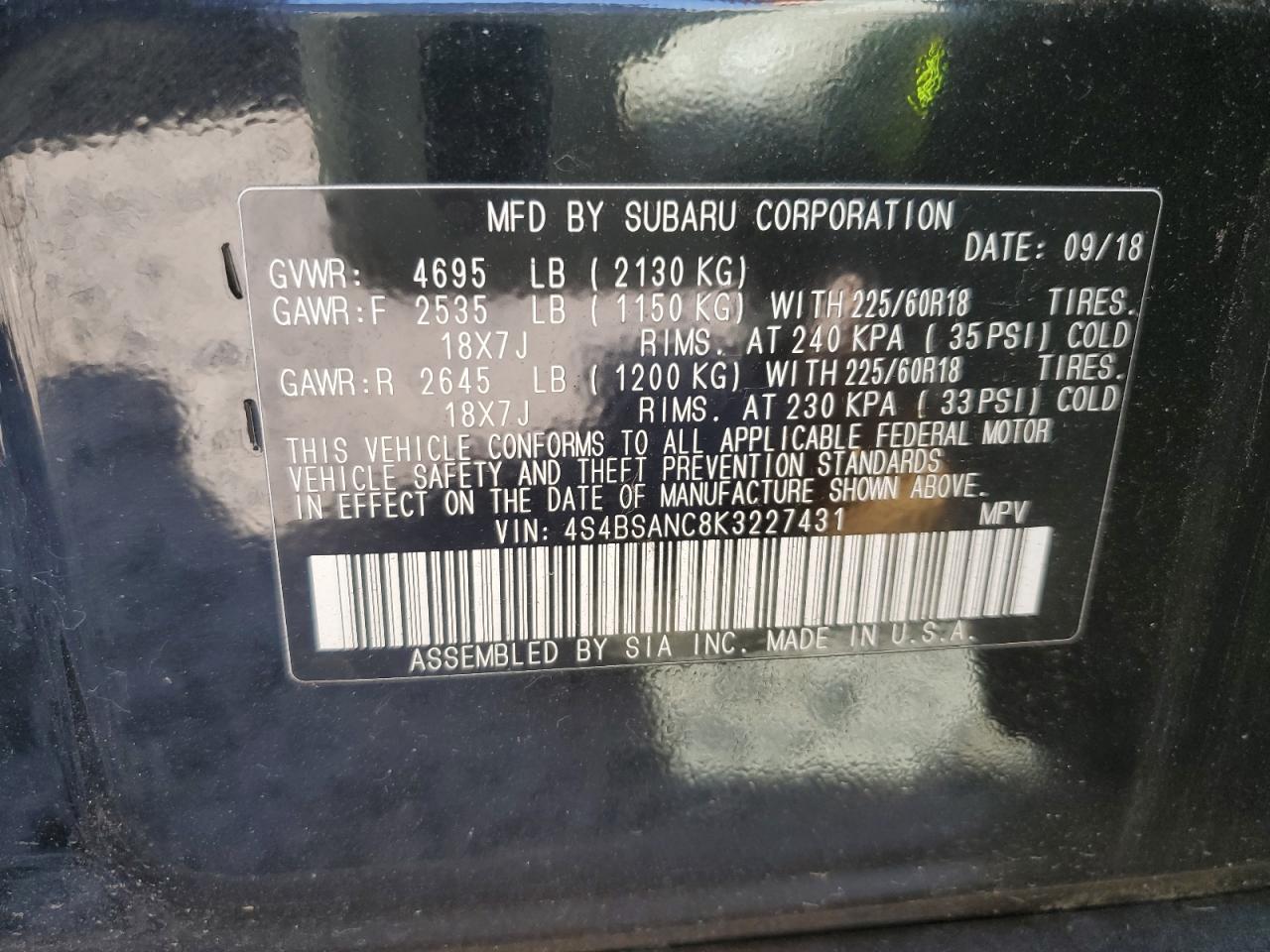2019 Subaru Outback 2.5I Limited VIN: 4S4BSANC8K3227431 Lot: 53571805