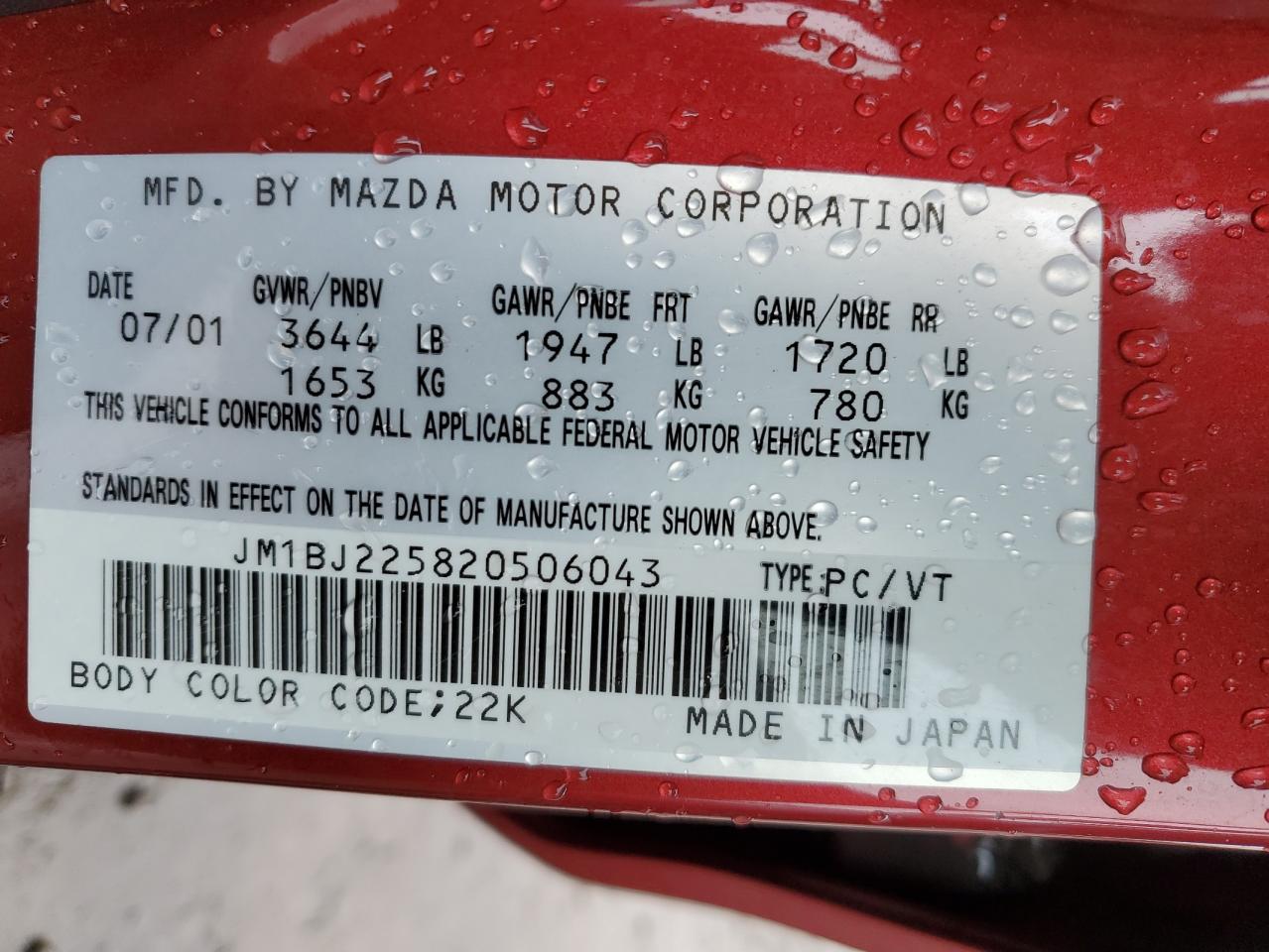 2002 Mazda Protege Dx VIN: JM1BJ225820506043 Lot: 53803085