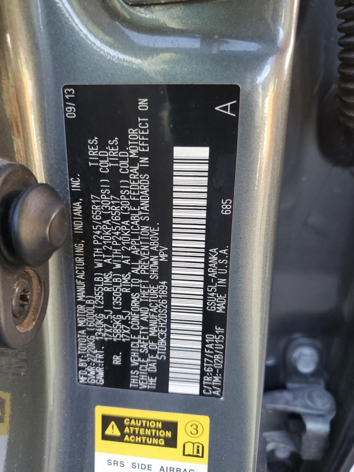 2013 Toyota Highlander Base VIN: 5TDBK3EH2DS261894 Lot: 54932635