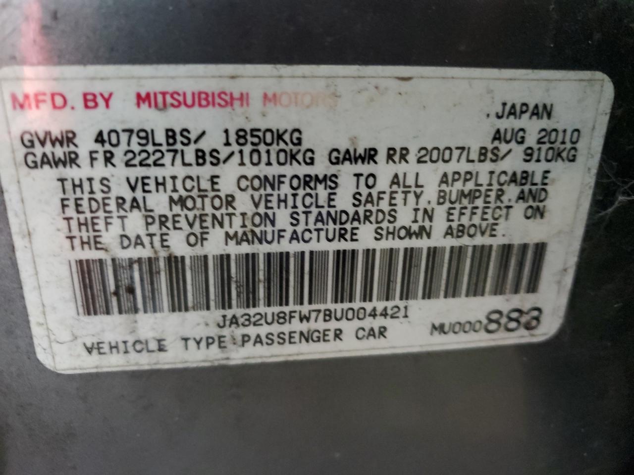 2011 Mitsubishi Lancer Gts VIN: JA32U8FW7BU004421 Lot: 53915405