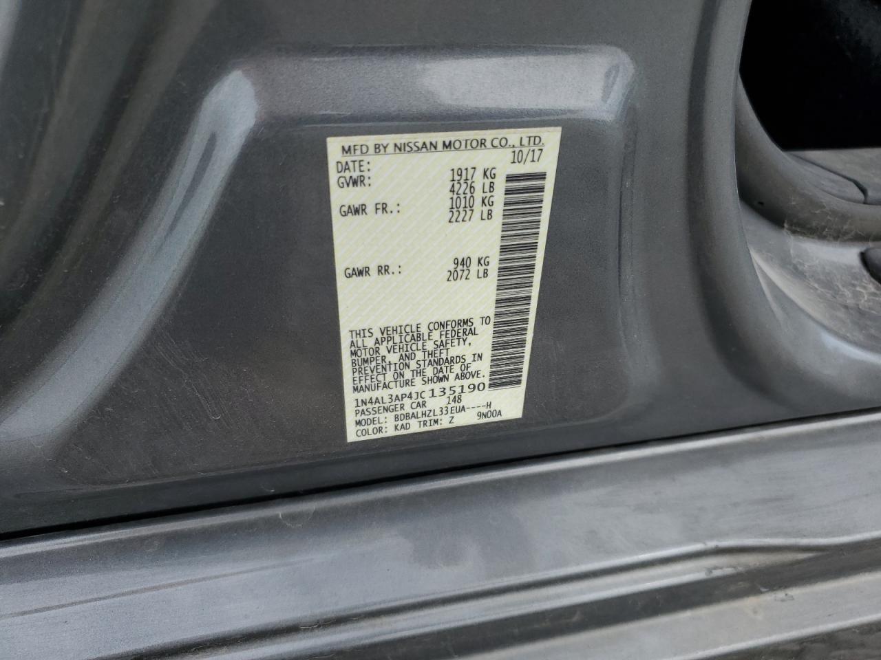 2018 Nissan Altima 2.5 VIN: 1N4AL3AP4JC135190 Lot: 53740455