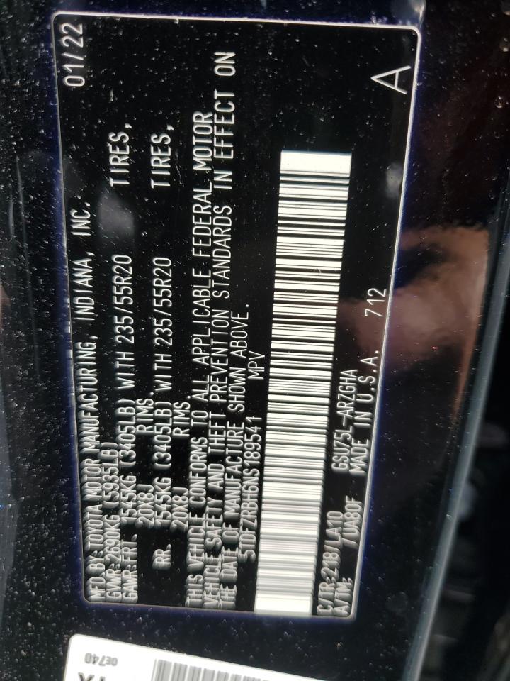 2022 Toyota Highlander Platinum VIN: 5TDFZRBH6NS189541 Lot: 51273215