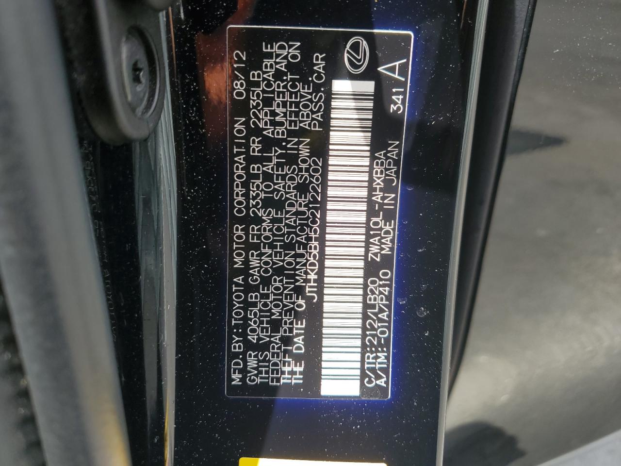 2012 Lexus Ct 200 VIN: JTHKD5BH5C2122602 Lot: 54910335