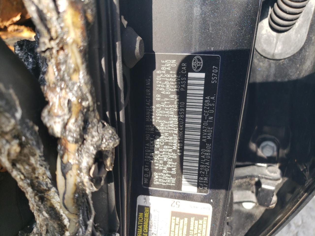 2019 Toyota Camry L VIN: 4T1B11HK4KU785910 Lot: 54229425