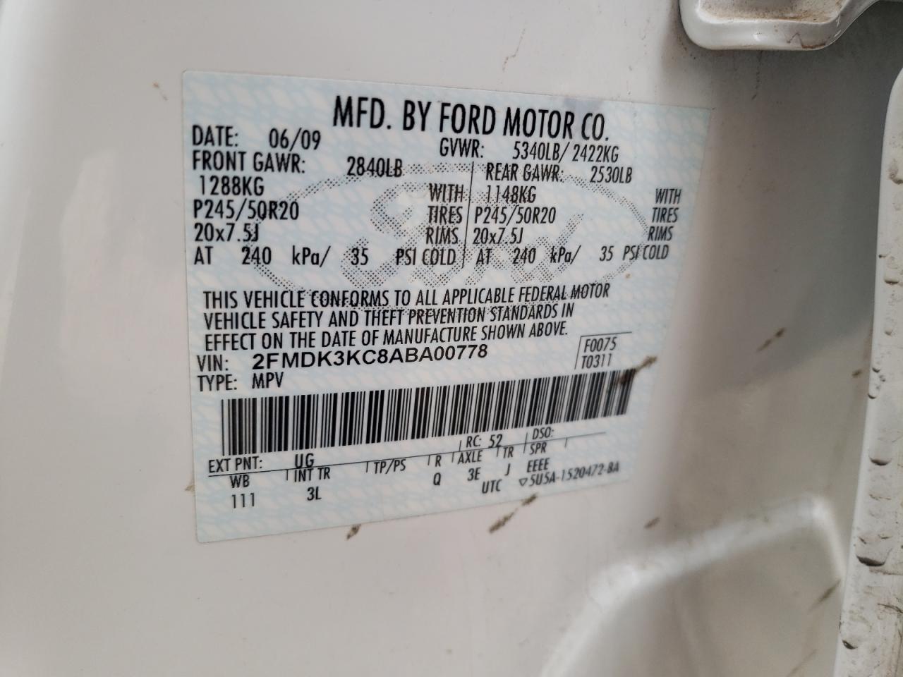2010 Ford Edge Limited VIN: 2FMDK3KC8ABA00778 Lot: 55057405