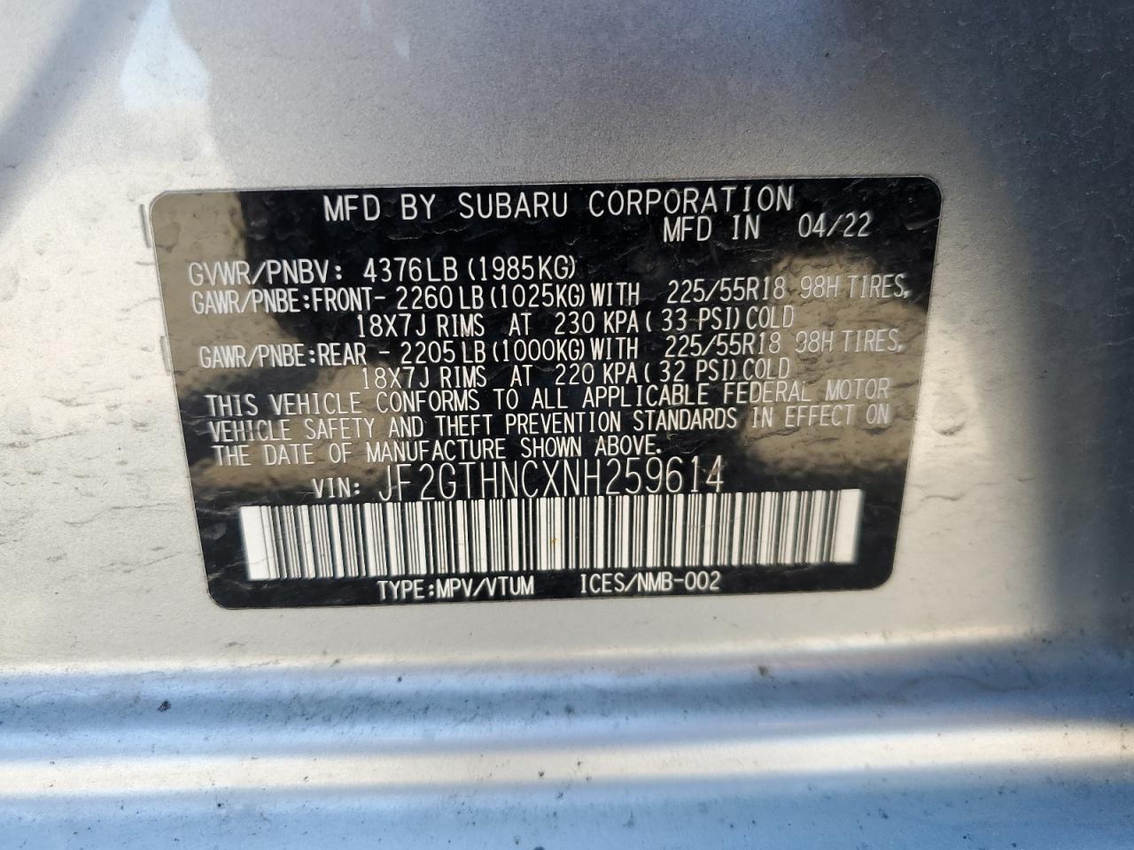 2022 Subaru Crosstrek Limited VIN: JF2GTHNCXNH259614 Lot: 54186965