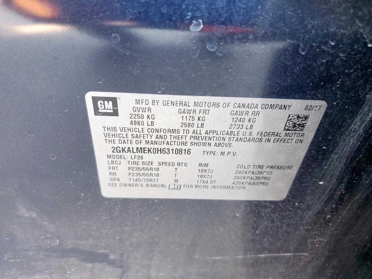 2gkalmek0h631016 2GKALMEK0H631016 2017 GMC Terrain Sle