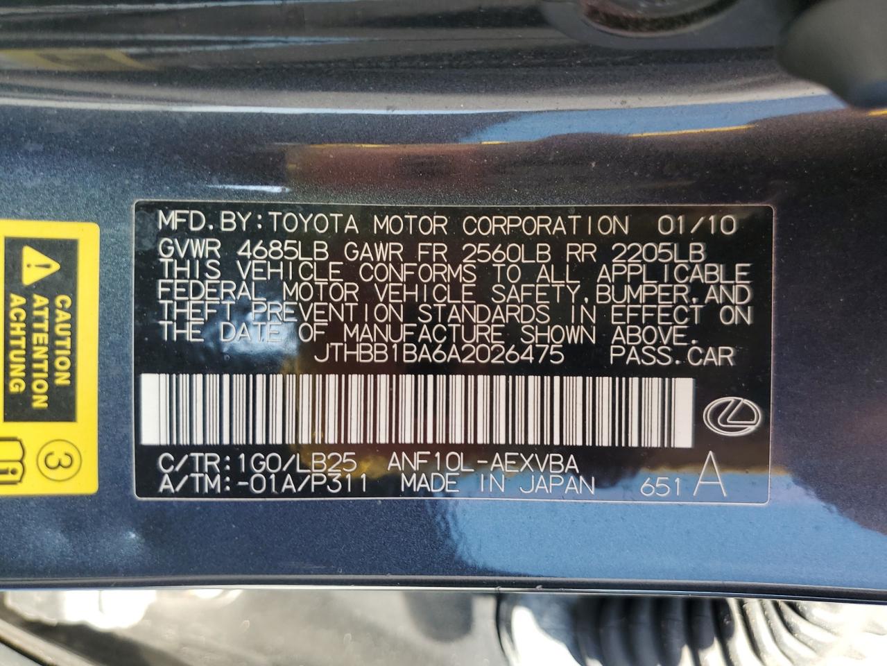 2010 Lexus Hs 250H VIN: JTHBB1BA6A2026475 Lot: 53749035