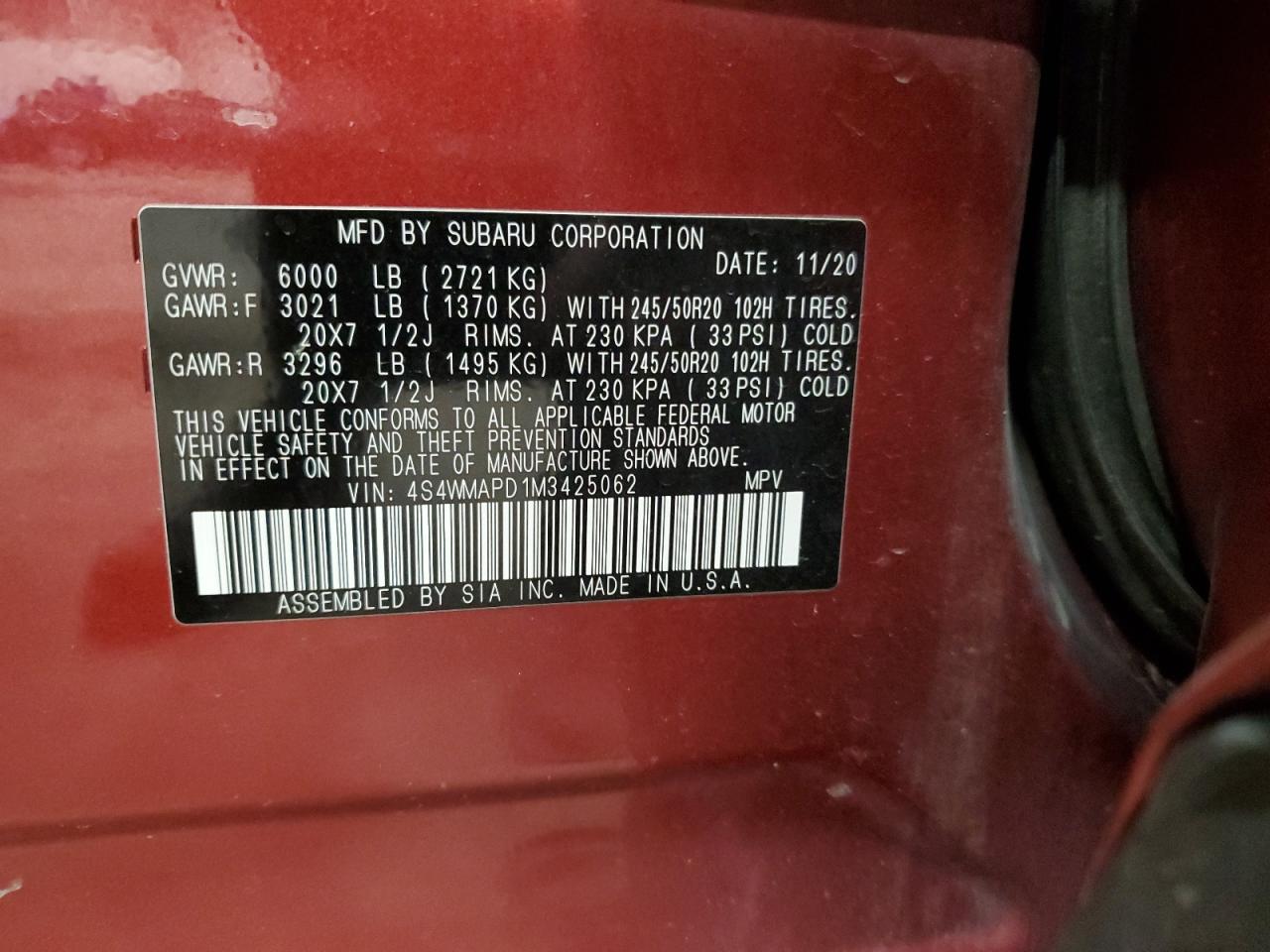 2021 Subaru Ascent Limited VIN: 4S4WMAPD1M3425062 Lot: 54214385