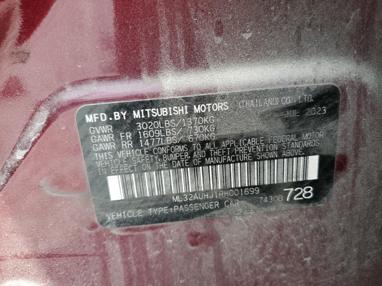 2024 Mitsubishi Mirage Es VIN: ML32AUHJ1RH001699 Lot: 54004265