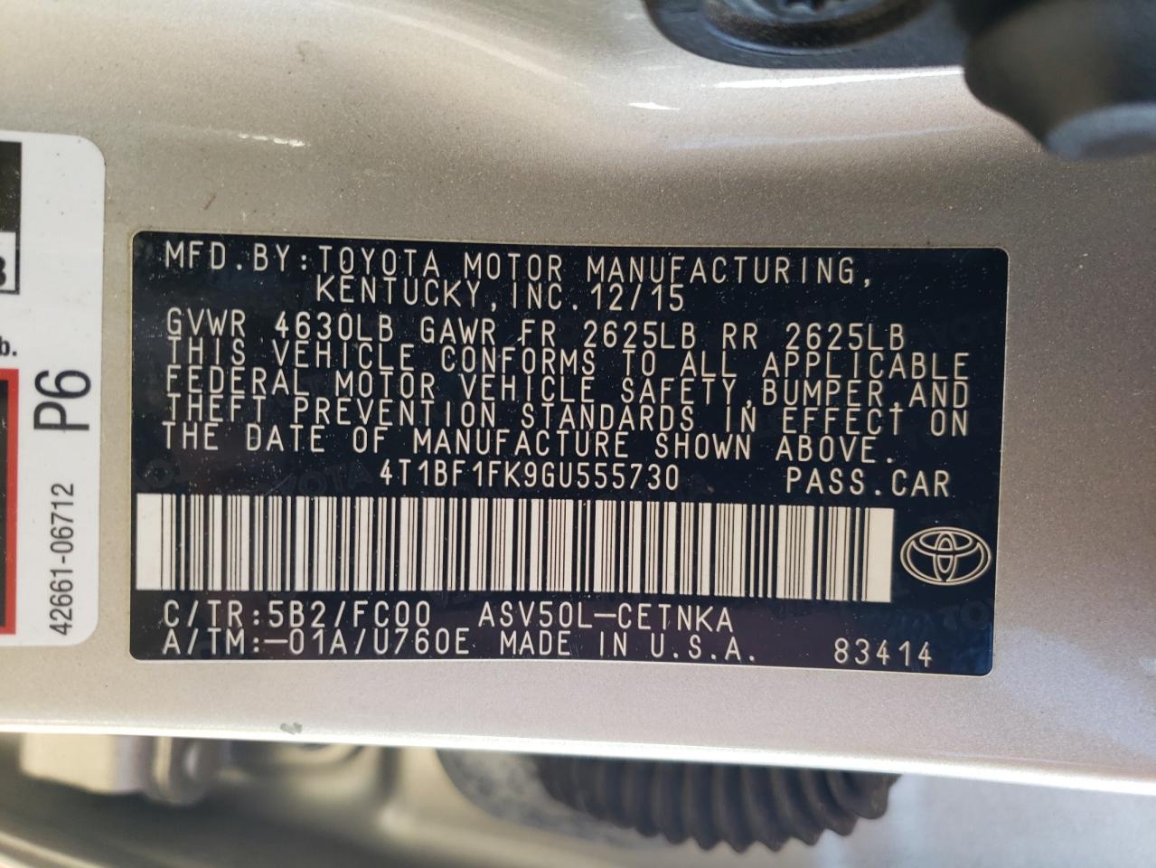 2016 Toyota Camry Le VIN: 4T1BF1FK9GU555730 Lot: 53556205