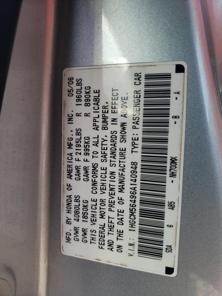 2006 Honda Accord Lx VIN: 1HGCM56496A140948 Lot: 53349555