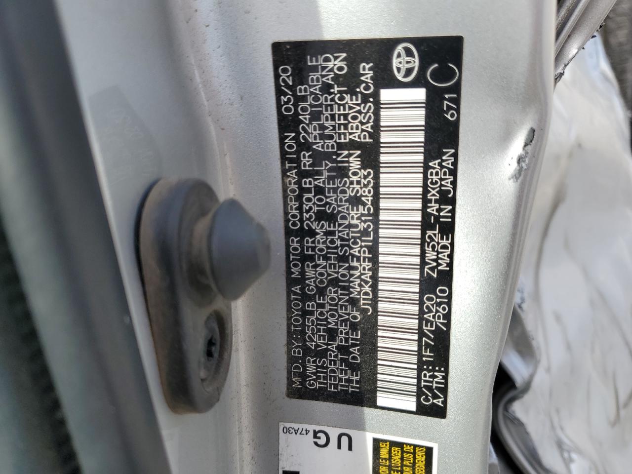 2020 Toyota Prius Prime Le VIN: JTDKARFP1L3154833 Lot: 54438845