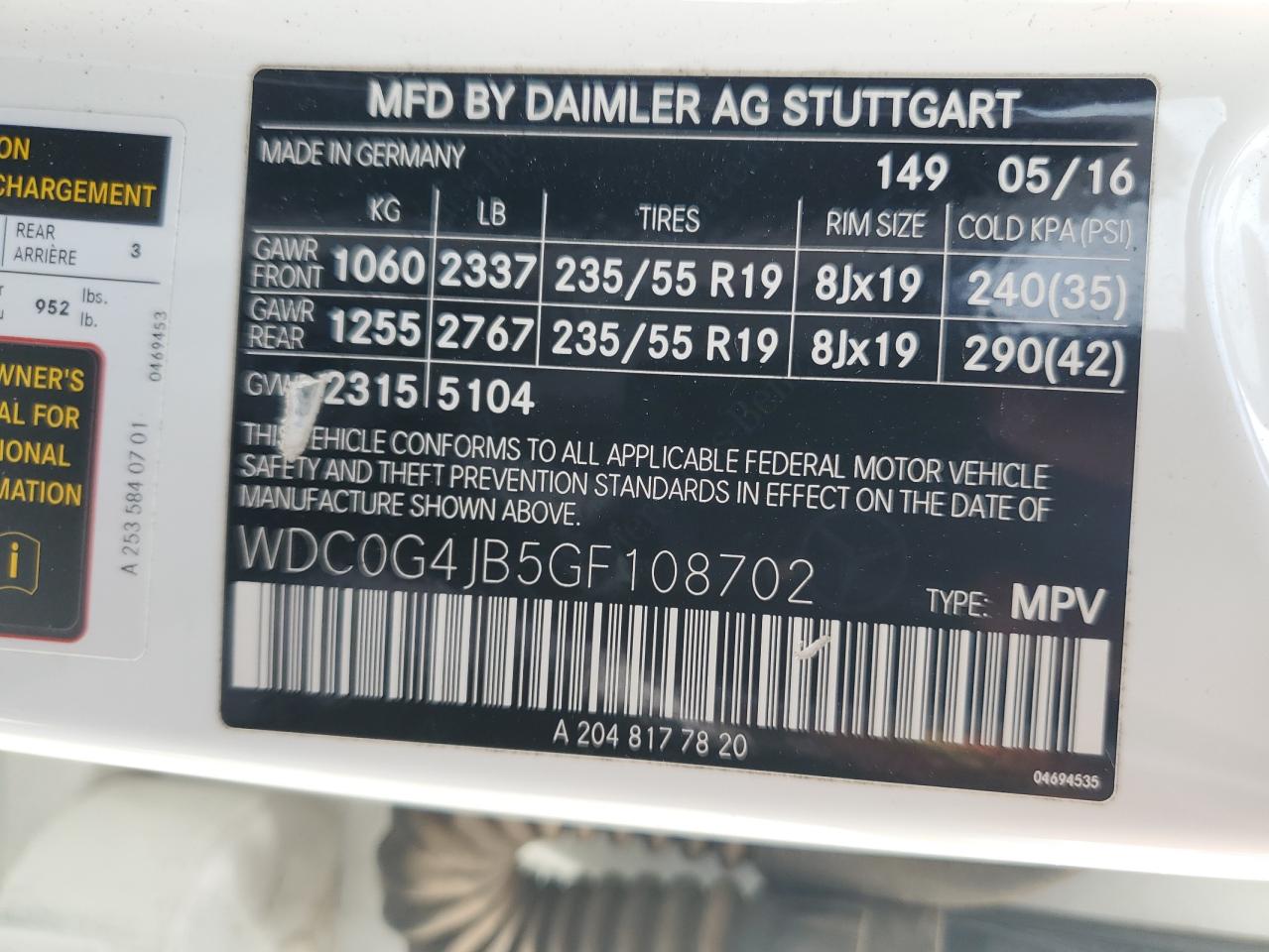 2016 Mercedes-Benz Glc 300 VIN: WDC0G4JB5GF108702 Lot: 53745025