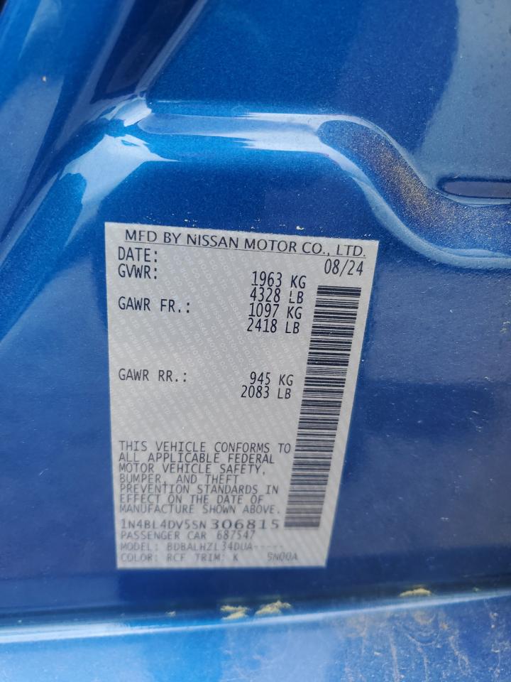 2025 Nissan Altima Sv VIN: 1N4BL4DV5SN306815 Lot: 52830655